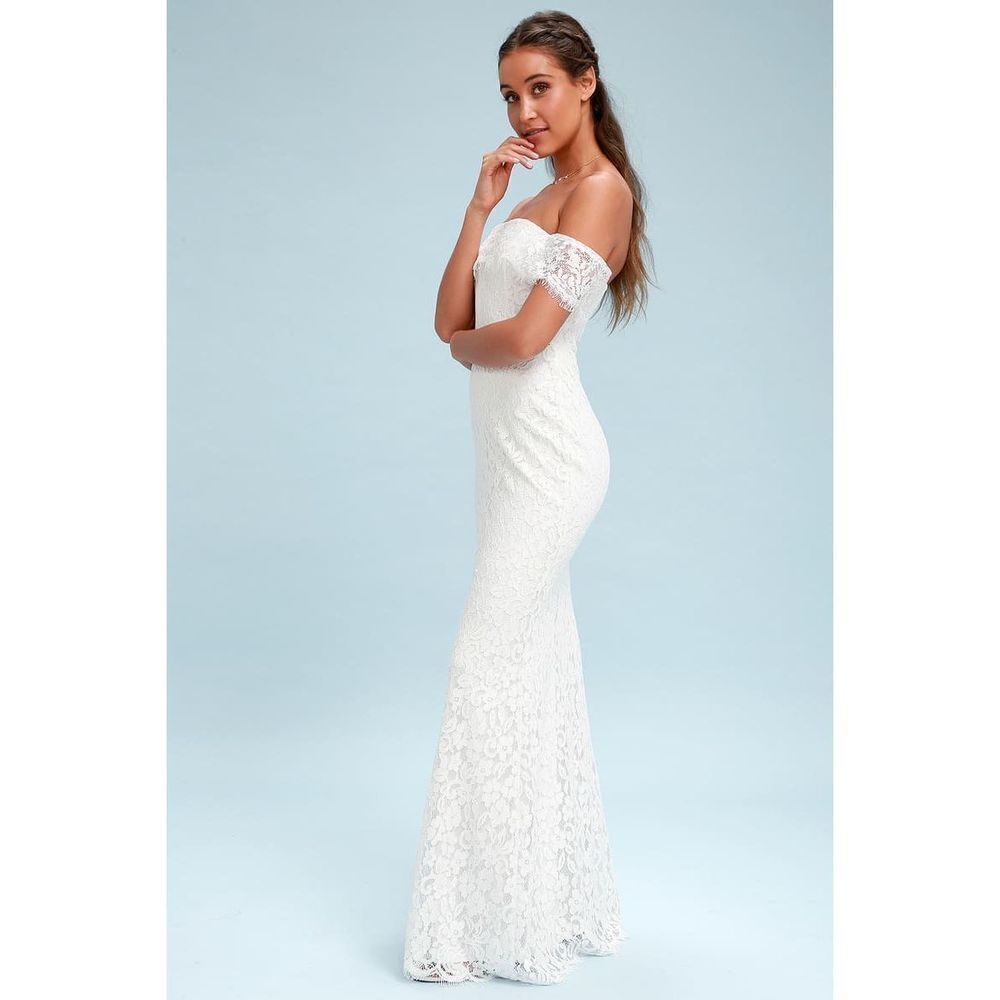 Lulu’s Romantic Heart White‎ Lace Off-the-Shoulder Maxi Dress